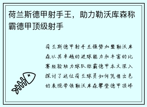 荷兰斯德甲射手王，助力勒沃库森称霸德甲顶级射手