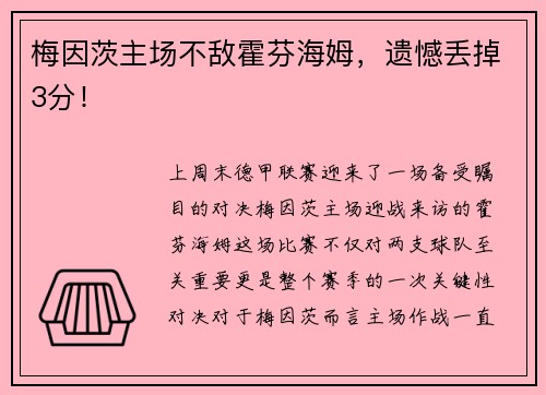 梅因茨主场不敌霍芬海姆，遗憾丢掉3分！