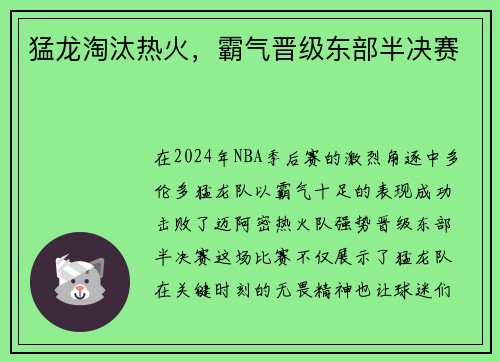 猛龙淘汰热火，霸气晋级东部半决赛