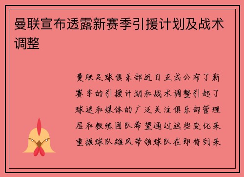 曼联宣布透露新赛季引援计划及战术调整