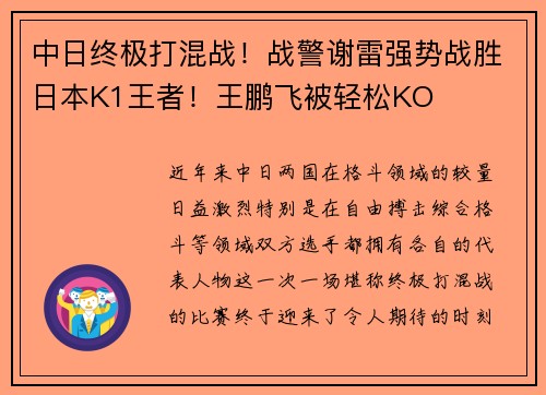 中日终极打混战！战警谢雷强势战胜日本K1王者！王鹏飞被轻松KO