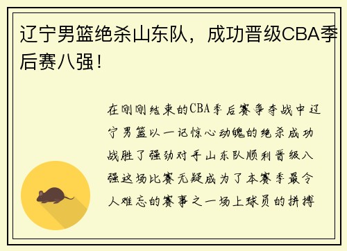 辽宁男篮绝杀山东队，成功晋级CBA季后赛八强！